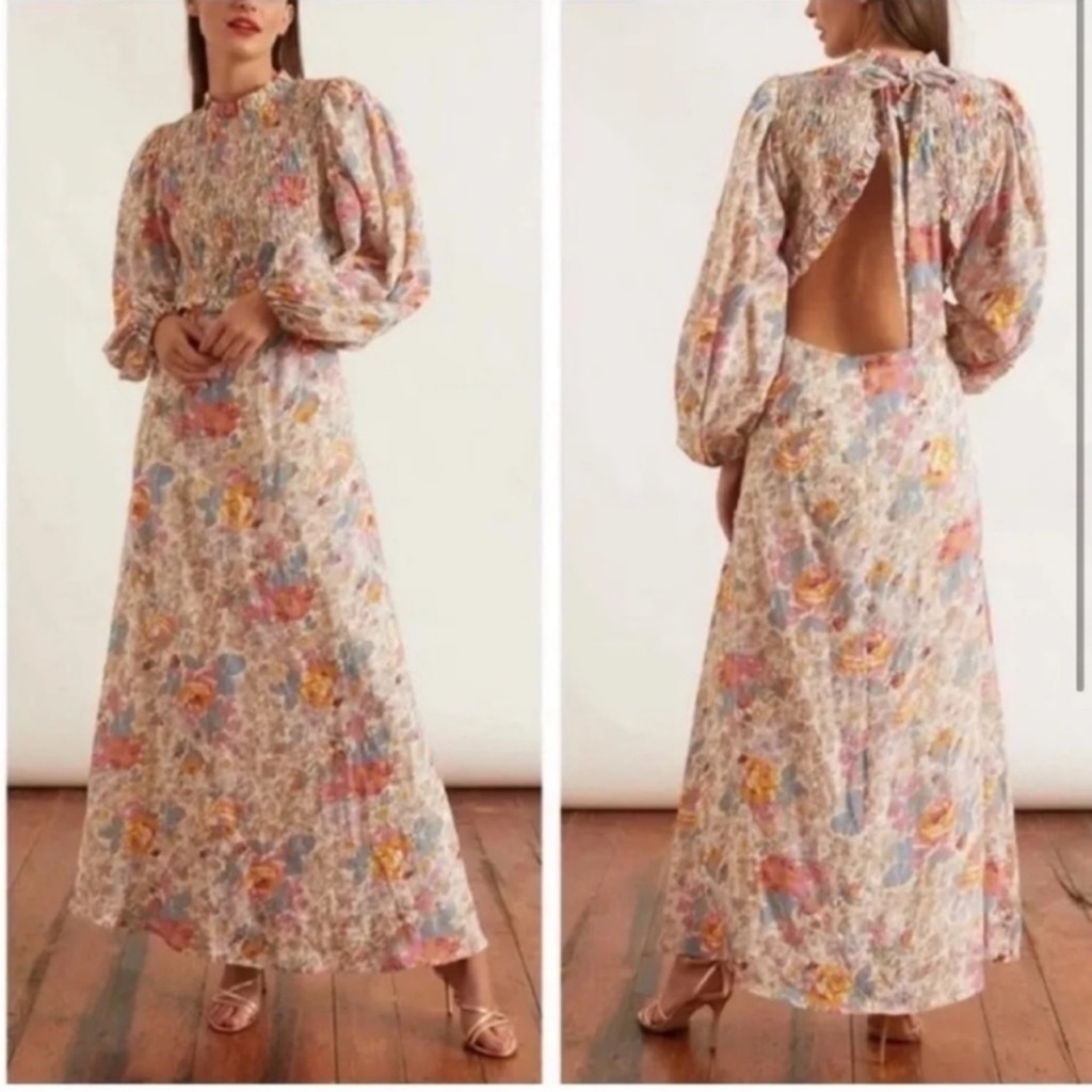 Sea New York Ines Floral Long Sleeve Smocked Dress Navy Blue Multi Color Size 8